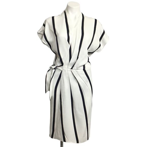 Equipment Leonce White Striped Bow Detail Short-Sleeve Wrap Dress - Picture 1 of 14